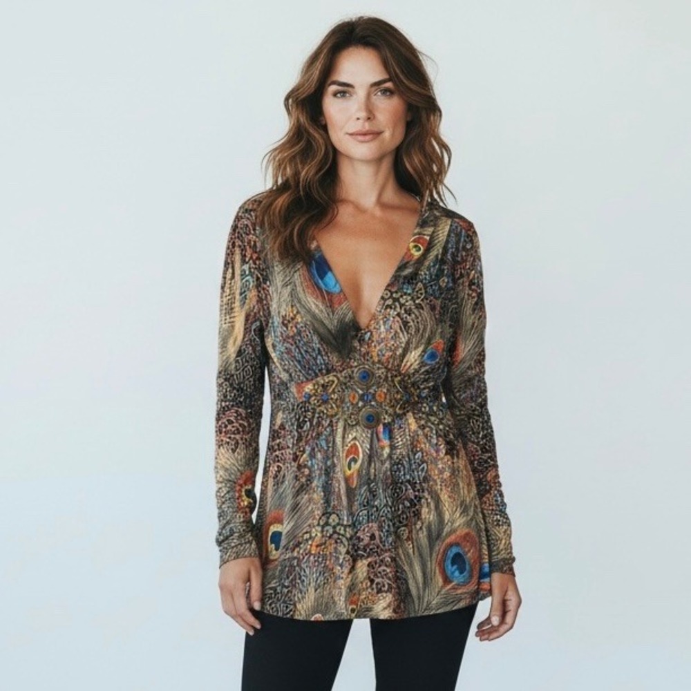 Boston Proper Peacock Feather Print Jeweled Medallion Tunic Top N4107-1 Large